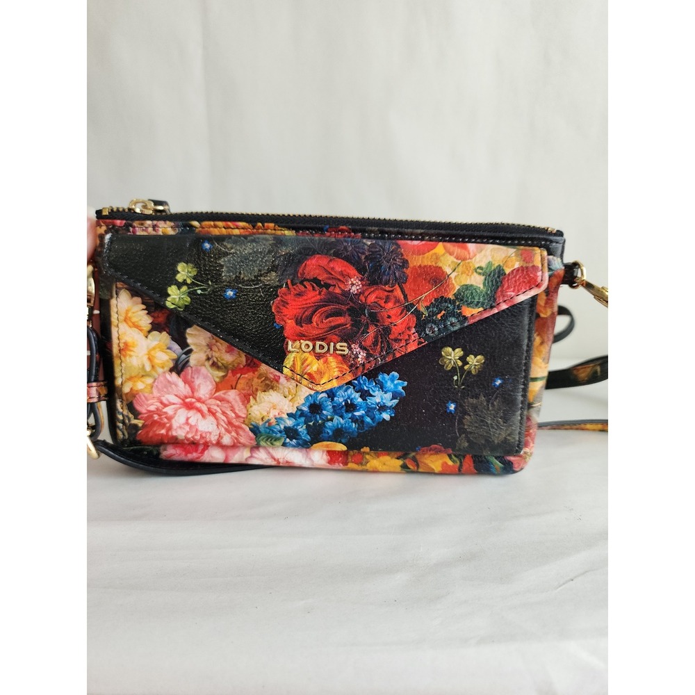 Lodis Floral Crossbody Bag Black Multi Color Envelope Flap Wallet Purse leather